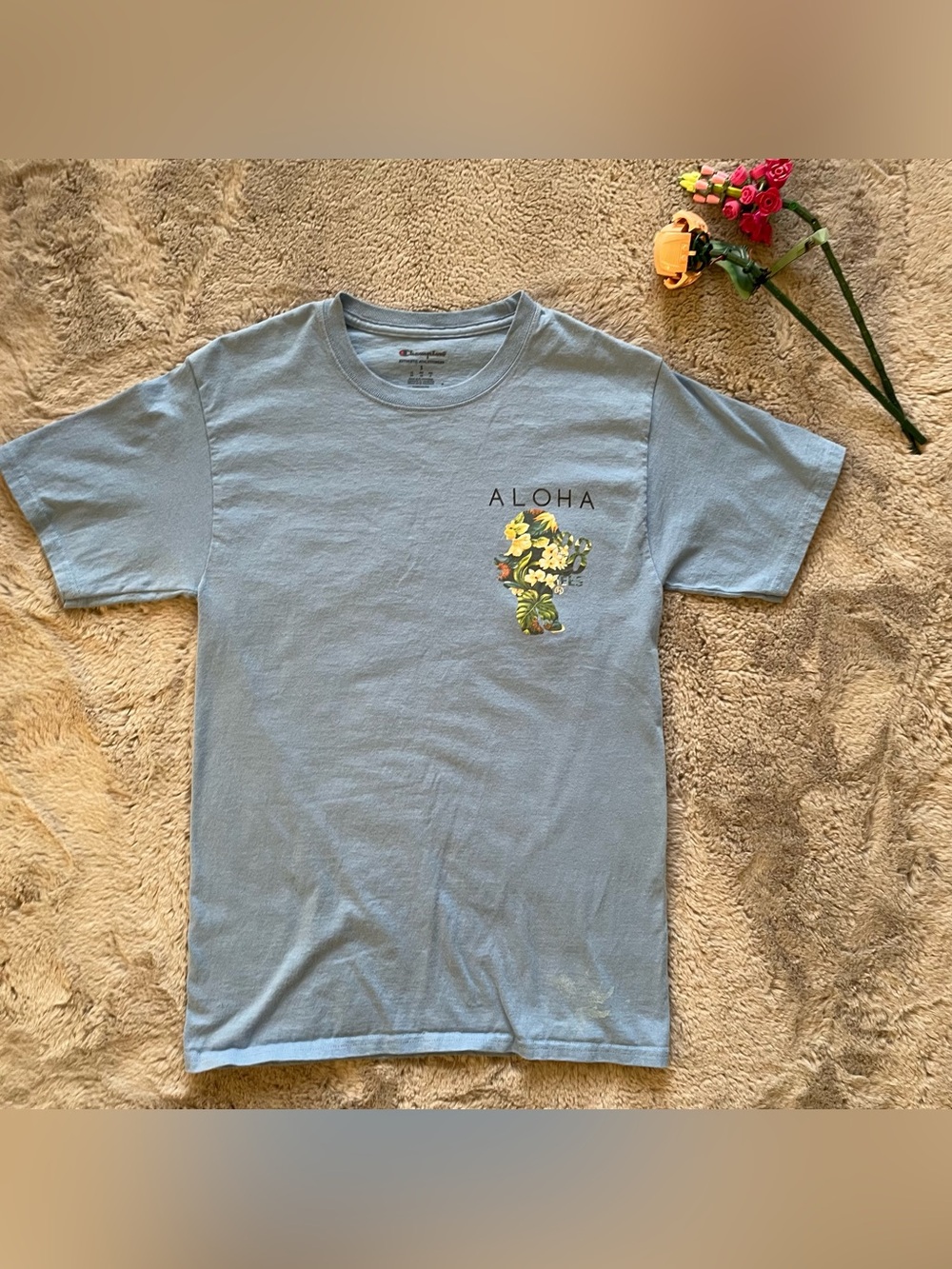 Champion Light Blue 'ALOHA' Floral Chest Tee